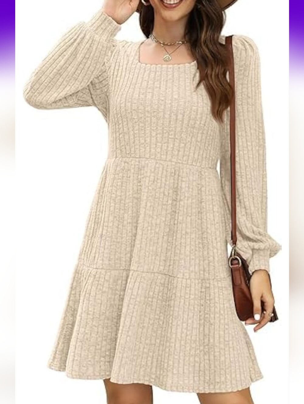 Women’s Cream Knit Long-Sleeve Square Neck Dress With Pockets